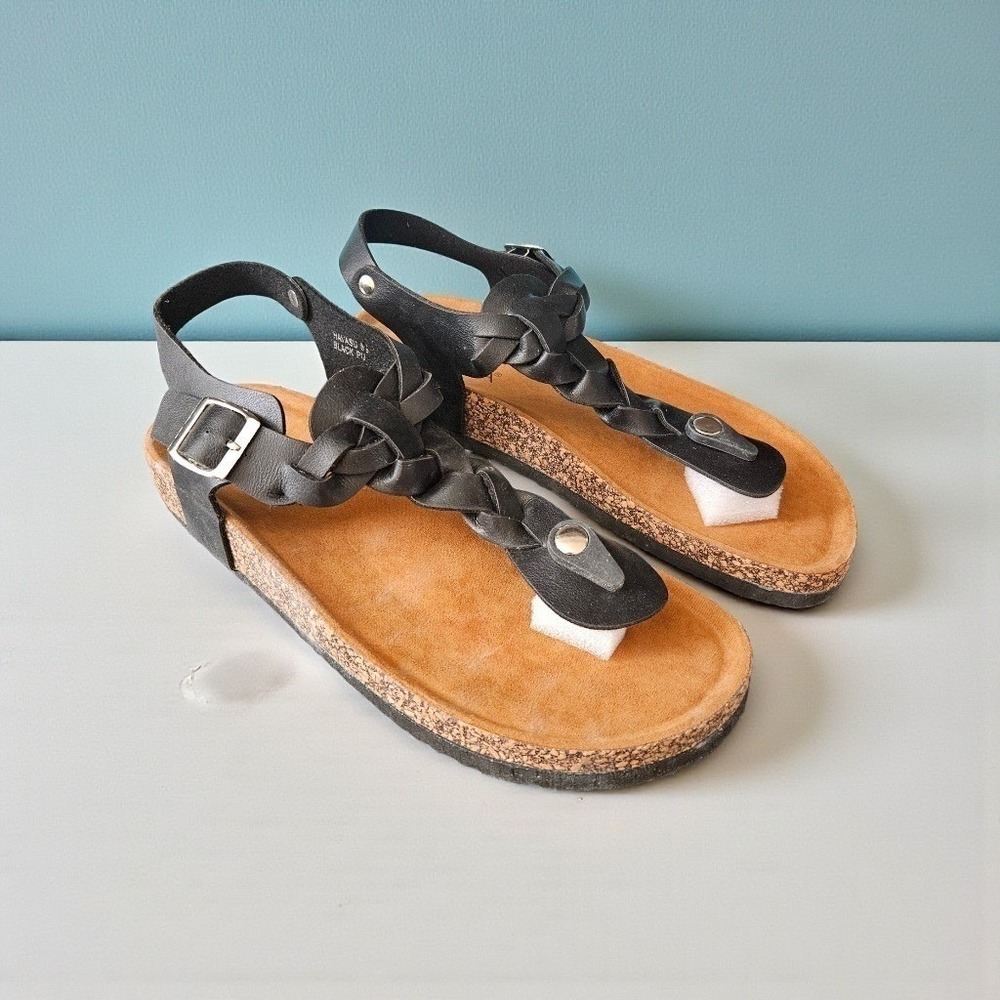Anna Black Braided T-Strap Cork-Style Sandals